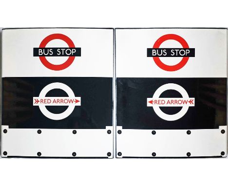 1960s London Transport enamel BUS &amp; RED ARROW STOP FLAG, for standard bus services and Red Arrows on a combined basis. Un