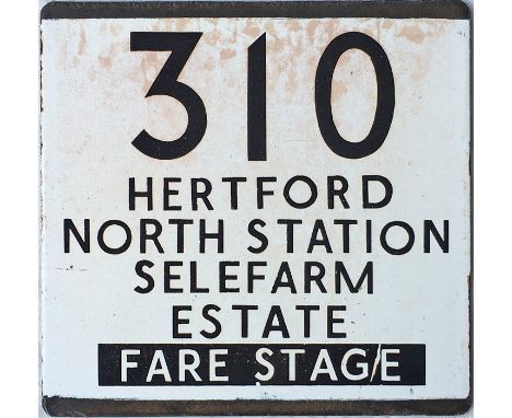 [Updated description] London Transport bus stop enamel E-PLATE for route 310 destinated Hertford North Station, Selefarm Esta