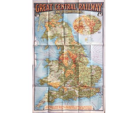 c1910-15 'Great Central Railway and its Connections' MAP (paper) with an inset enlarged scale map of central England. Strong,