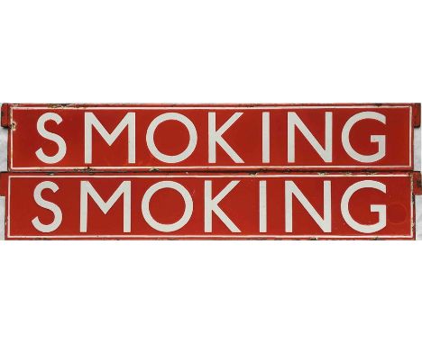 1920s London Underground double-sided ENAMEL SIGN 'SMOKING' as fitted into slots inside the windows of designated 'smoking' c
