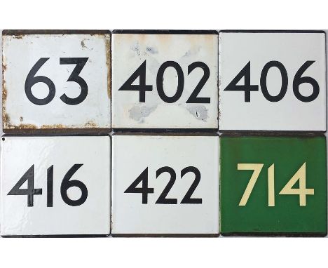 Selection (6) of London Transport bus/coach stop enamel E-PLATES for routes 63, 402, 406, 416, 422 and Green Line 714. The fi
