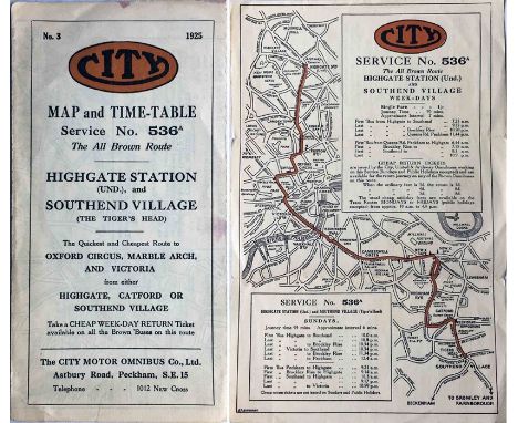 1925 pocket MAP &amp; TIMETABLE for City Motor Omnibus Co service 536A from Highgate Station to Southend Village. City was on