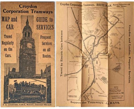 Croydon Corporation Tramways MAP &amp; GUIDE TO CAR SERVICES dated February 1924. Printed on light-brown paper with a cover p