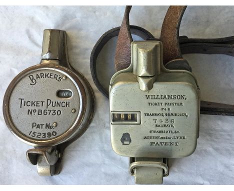 Pair of TICKET PUNCHES comprising Barker's Ticket Punch, serial no B6730, and Williamson 'Ticket Printer for Tramways, Omnibu