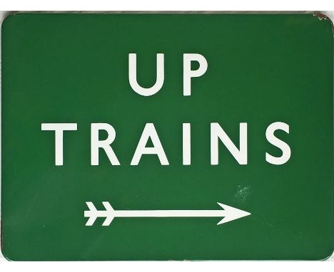 British Railways (Southern Region) ENAMEL SIGN 'Up Trains' with a two-flight directional arrow, right facing. A fully-flanged