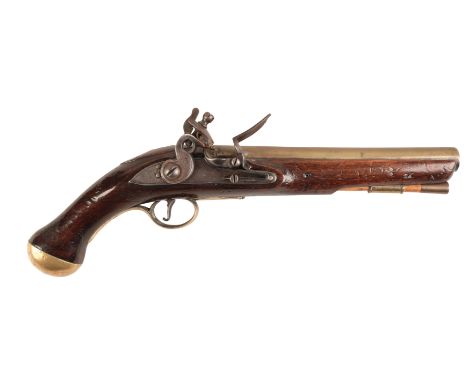 H. NOCK: AN EARLY 19TH CENTURY NAVAL PISTOL with flintlock action, the walnut stock with brass butt mount and 20.3cm proof-ma