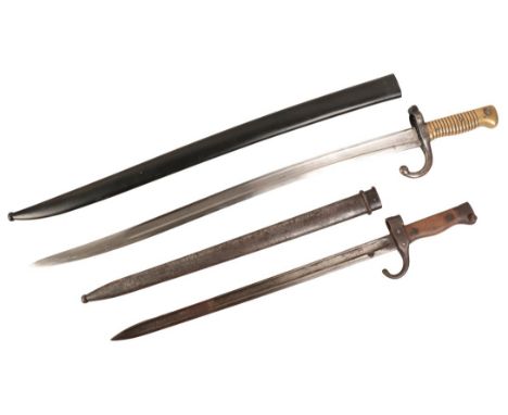 TWO FRENCH BAYONETS Chassepot Bayonet dated1871 with brass handle, good clean condition; and a French Gras Bayonet, scabbard 