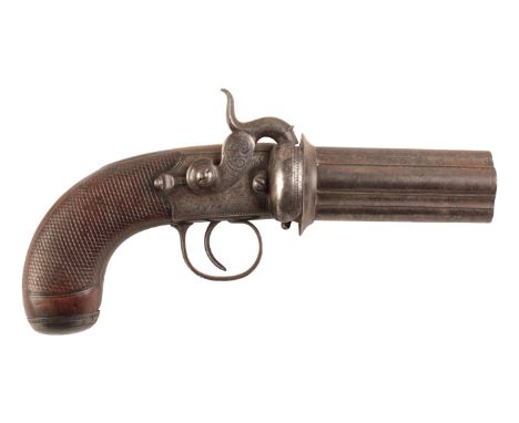 TRULOCKE AND SON: A MID-19TH CENTURY PEPPERBOX PISTOL with percussion action, the iron receiver with scroll engraving and mak