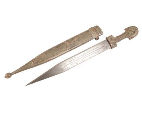 A KINJAL DAGGER late 19th century, with broad plain double-edge blade, silver-plated grip and scabbard, 51cm longNote: You mu