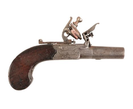 H. NOCK OF LONDON: A 19TH CENTURY PISTOL with flintlock action, the iron receiver engraved with the makers name within an orn