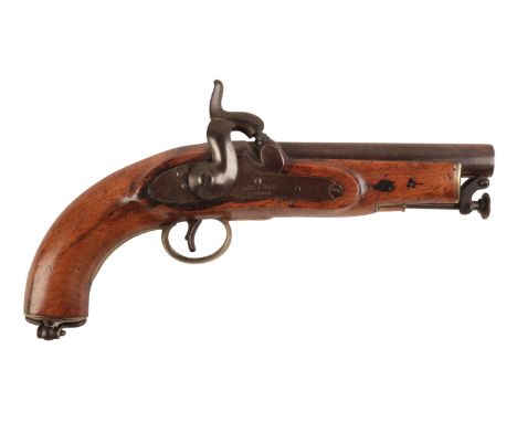 LACY & CO, LONDON: A MID-19TH CENTURY MILITARY ISSUE PISTOL with percussion action, the shaped iron plate with makers name, t