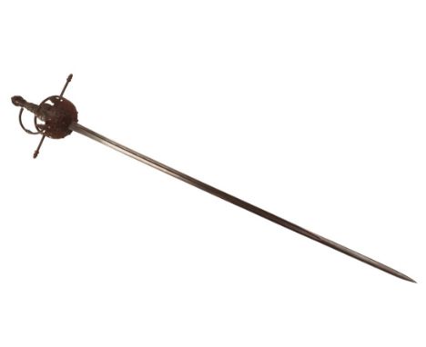 A SPANISH CUP HILT RAPIER the blade 88.9cm long, total length 113.03cm, the grip made from some type of reptile skin, possibl
