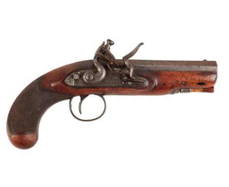 BRUNN OF LONDON: AN EARLY 19TH CENTURY 'GREAT COAT' PISTOL with flintlock action, the walnut stock with shaped, iron plate en