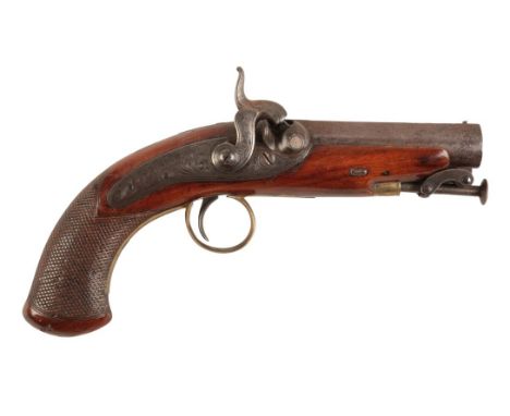 W AND J RIGBY: AN EARLY 19TH CENTURY IRISH POCKET GUN with percussion action, the steel receiver with scroll engraving and ma