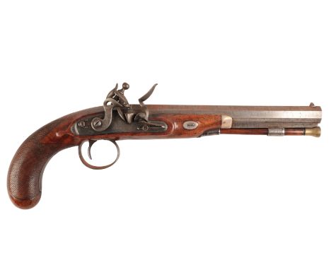 SMITH OF LONDON: AN 18TH CENTURY DUELLING PISTOL with flintlock action, the walnut stock with cross-hatching and shaped lock 