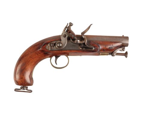 BARNETT: AN EARLY 19TH CENTURY CAVALRY PISTOL with flintlock action, the shaped brass plate with makers name, the walnut stoc