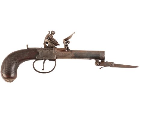 HAYWOOD OF CHESTER: A DUAL IGNITION PISTOL with flintlock and percussion action, 50 bore, the iron receiver with engraved scr