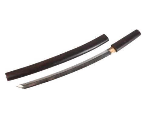 A JAPANESE TANTO SWORD WITH DAMASCUS BLADE with wooden handle and scabbard, which looks to be late 19th century, the blade is