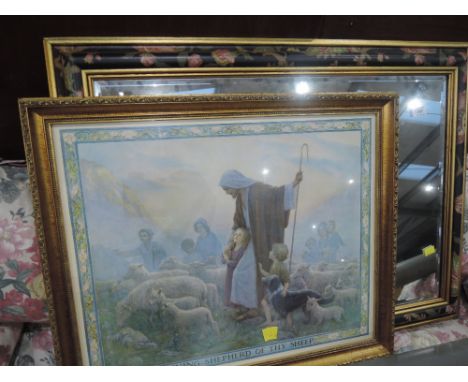 A modern floral wall mirror and an ecclesiastical print