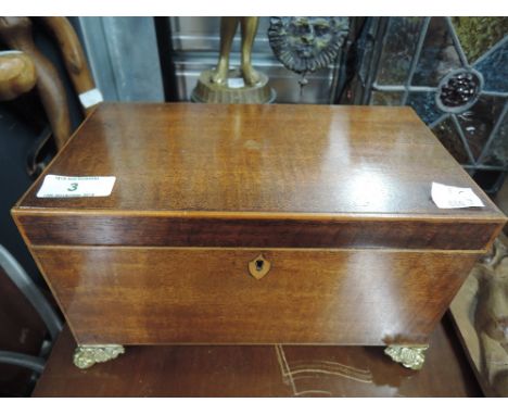 A vintage wooden trinket box footed with lions had handles and divided interioCONDITION REPORT - 24cm wide X 13.5cm deep X 14