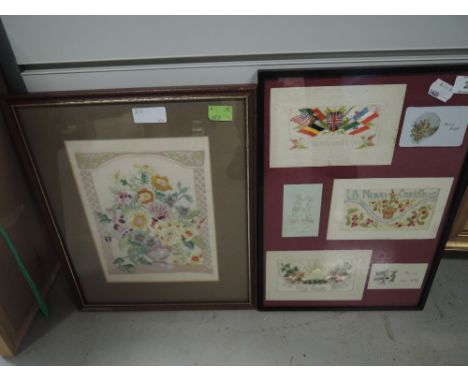 A vintage framed silk embroidery and similar keepsake