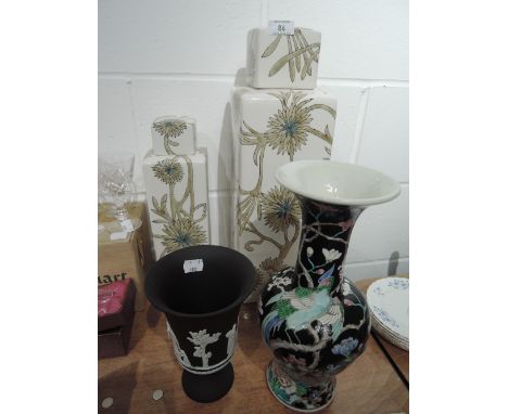 A selection of vintage ceramics including black jasperware