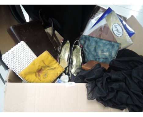 A mixed lot of vintage items including a 1950s brown clasp handbag, a 1960s beaded clutch bag, a pair shoes around 1980s, a 1