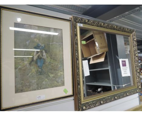 A vintage plaster effect frame mirror and print of flute boy