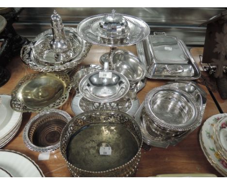 A selection of vintage metal and plated wares including sifter, tureen, footed bowl etc