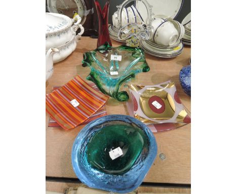 A selection of vintage colour and art style glass wares