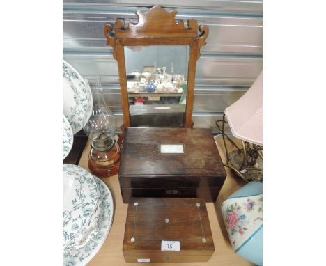 A selection of vintage trinket and jewellery boxes and pink glass oil lamp base