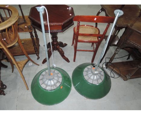 A pair of vintage commercial light fittings, stamped Victor, probably from snooker hall