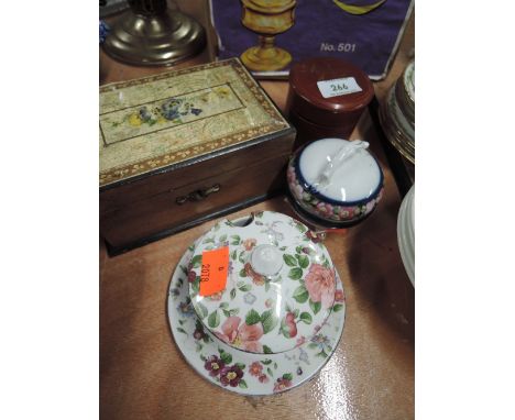 A treen money box, ceramic trinket boxes etc