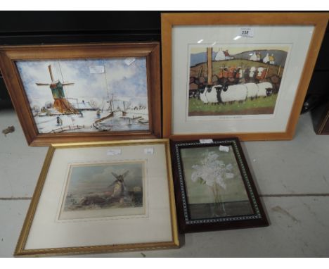 A selection of vintage prints and original art work including hand painted Dutch style tile