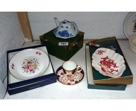 A Royal Crown Derby coffee can with saucer, A Worcester dish, a Chinese teapot and a porcelain dish with spoon