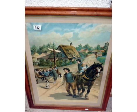 A maple framed chromo-lithograph of cart horse and children, approximately 29" x 23"