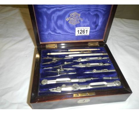 A fine boxed protractor set in rosewood case, manufacturer A G Thornton