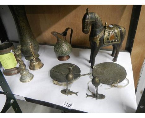 A mixed lot of brass ware including spice scales and interesting cruet