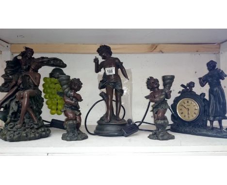 A mixed lot of bronzed resin cherubs, figures, clock, candlesticks, lamp etc, all a/f