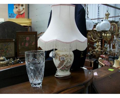 An oriental ginger jar table lamp (lid a/f) and a heavy cut glass vase