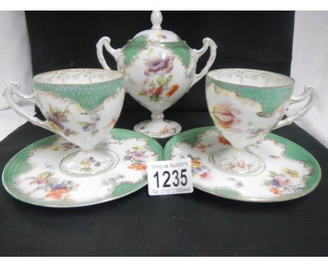 2 Victorian hand painted cups and saucers and an urn, 1 cup a/f