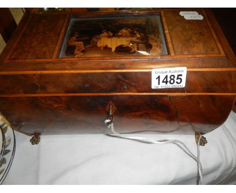 A rare inlaid box inset with Cristolian depicting a tea party in garden (formerly a tea caddy)