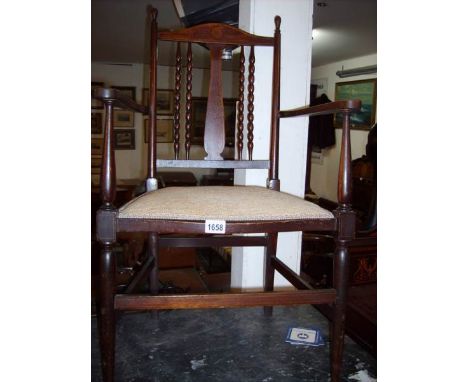 A fine ladies boudior carver chair with inlaid and bobbin rail back