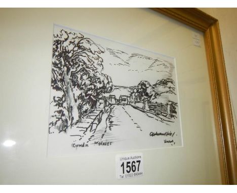 A framed and glazed pen and ink sketch by ware artist Adrian Hill, signed, image 19 x 13.5 cm