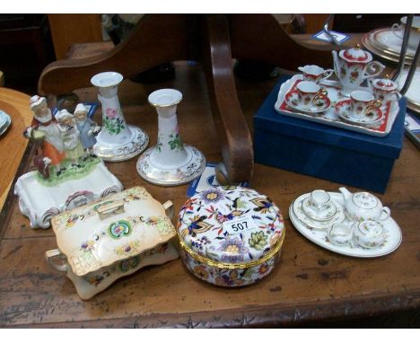 A mixed lot of china including pair of Spode Elizabeth II golden jubilee candlesticks, Regency fine arts miniature tea set et