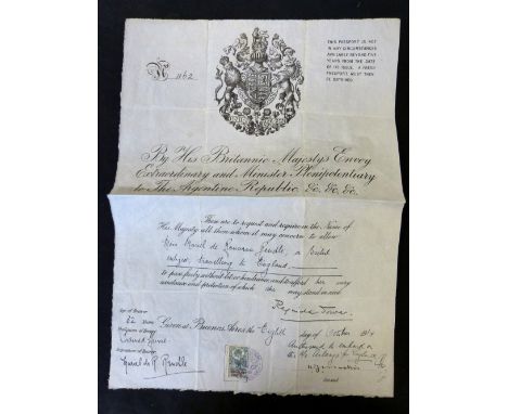 *An engraved passport issued by The British Consulate Buenos Aires issued to a Miss Muriel de Rouvron Rendle, a trainee nurse