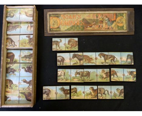 *Crandall's of Montrose (Pennsylvania) set of vintage "Noah's Dominoes", 28 coloured litho wooden pieces, each approx 50 x 10
