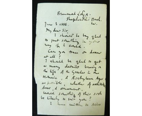 *WALTER CRANE (1845-1915) autograph letter signed to an unknown recipient, 2 pages dated June 3 1886 "...can you trace or dra