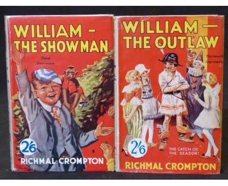 RICHMAL CROMPTON: 2 titles: WILLIAM THE OUTLAW, London, George Newnes, 1937, 13th impression, contemporary inscription on fro