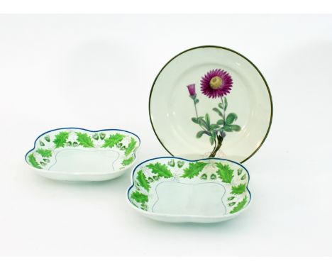 Two Wedgwood pearlware foliate pattern square dishes and a Swansea botanical pearlware plate with decoration by Pardoe 
 Cond